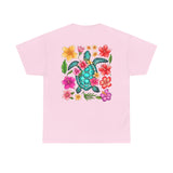 Sea Turtle Floral Pocket T‑Shirt — Colorful Tropical Flower Pocket Tee